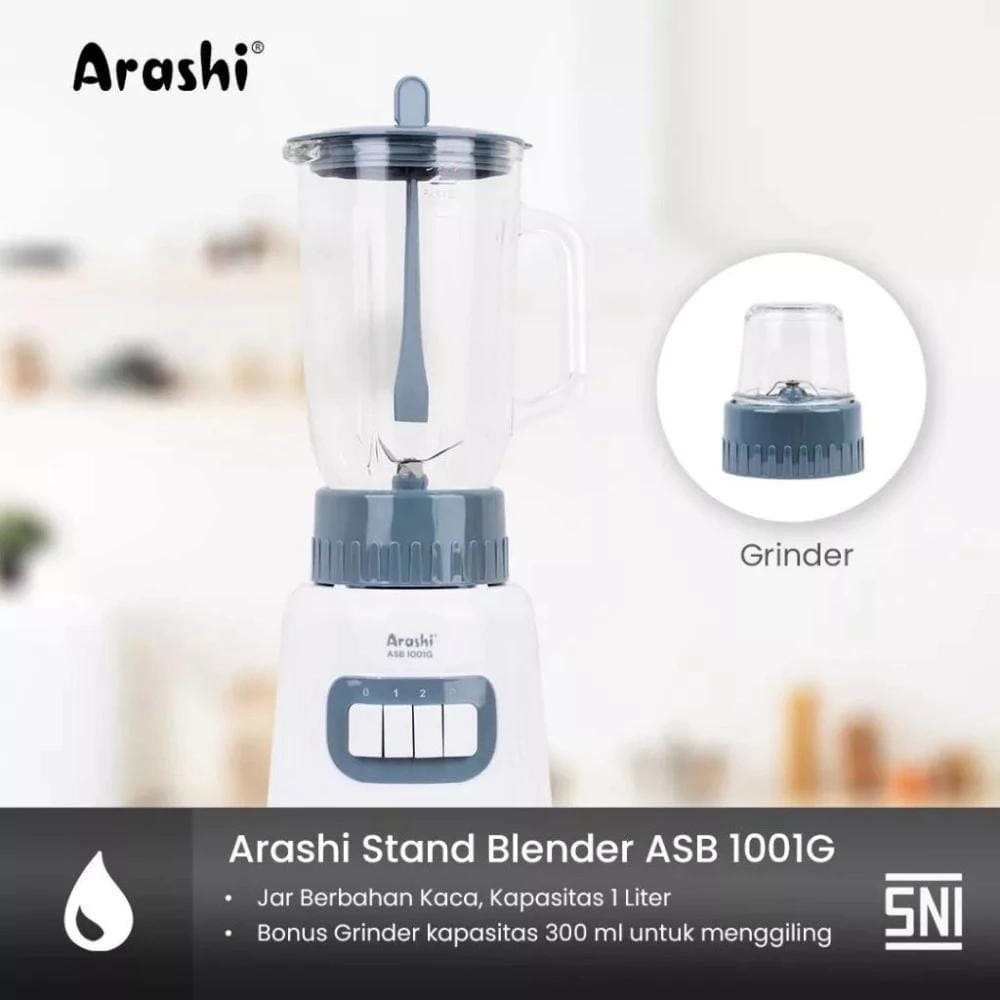 Arashi Blender Kaca 1 Liter ASB1001 Mesin Pelumat Chopper 350 Watt Pelumat 3 Mode Kecepatan Putih Abu - Image 2
